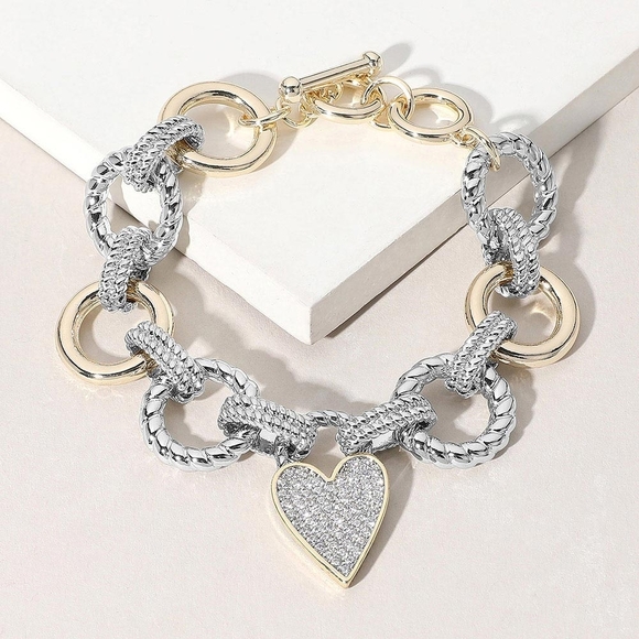 Jewelry - Heart Link Valentines Day Gold and Silver Heart Charm Bracelet